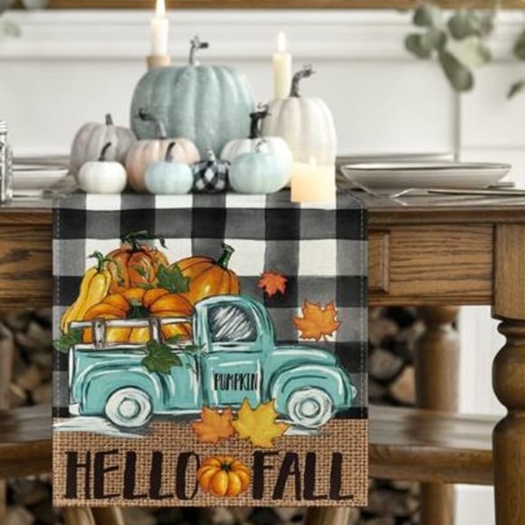 Fall Table Runner Thanksgiving Decor Pumpkin Truck Country Cottage Decoration - Picture 2 of 5